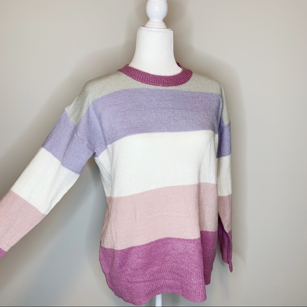 NWT Easel Lavender and Gray Crew Striped Sweater - Picture 3 of 7